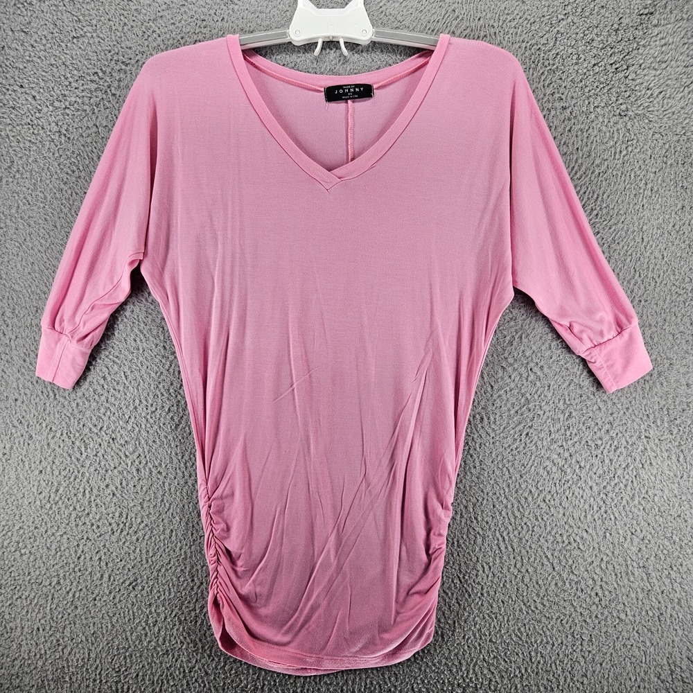 Made by Johnny Womens Pink V-Neck Dolman Sleeve Ruched Tunic Top XS USA Made